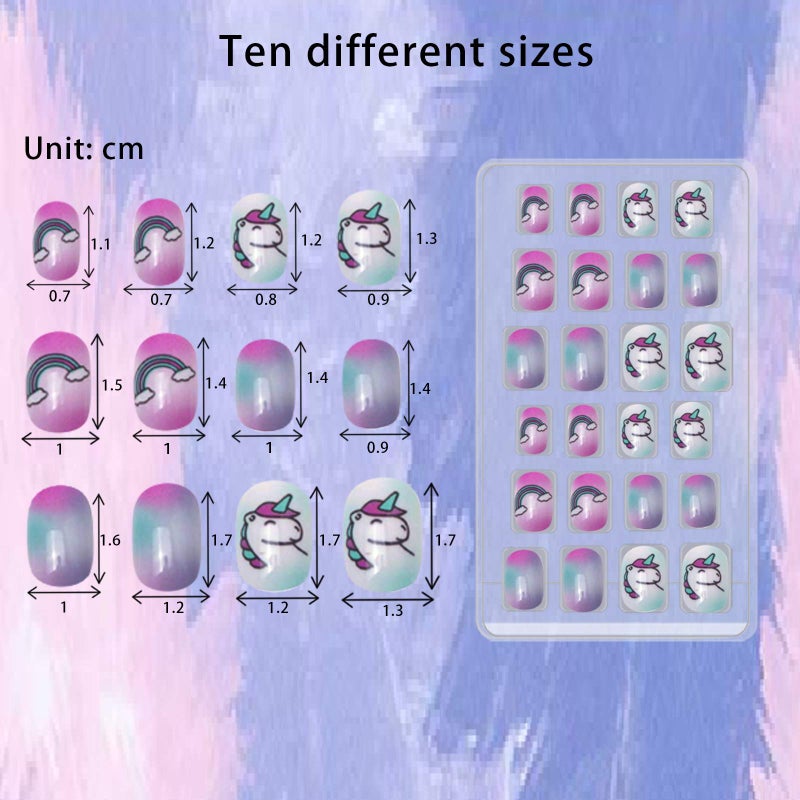 SIUSIO 120 Pcs 5 Pack Children Acrylic Fake Nails Press on Pre-glue Full Cover Glitter Gradient Color Rainbow Short False Nail Art Kits Set for Kids Little Girls - Unicorn Series - Image 4